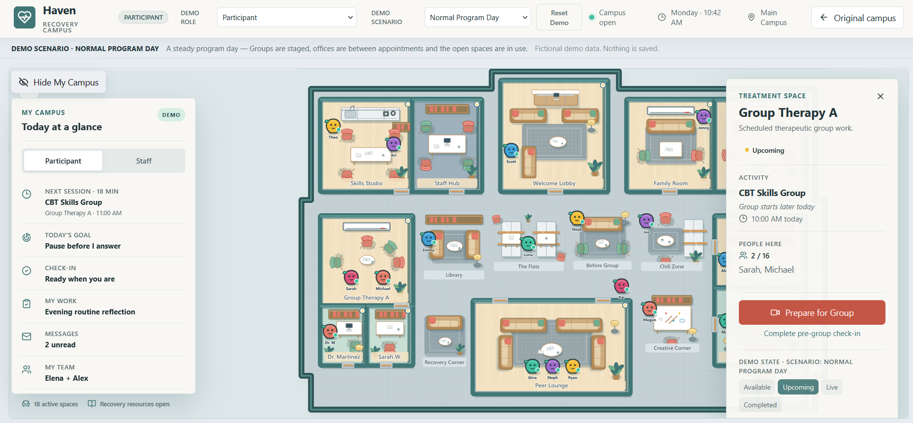 Original Recovery Campus map screenshot with the Group Therapy A room-context sidebar: Upcoming CBT Skills Group, people here Sarah and Michael, Prepare for Group and Complete pre-group check-in actions