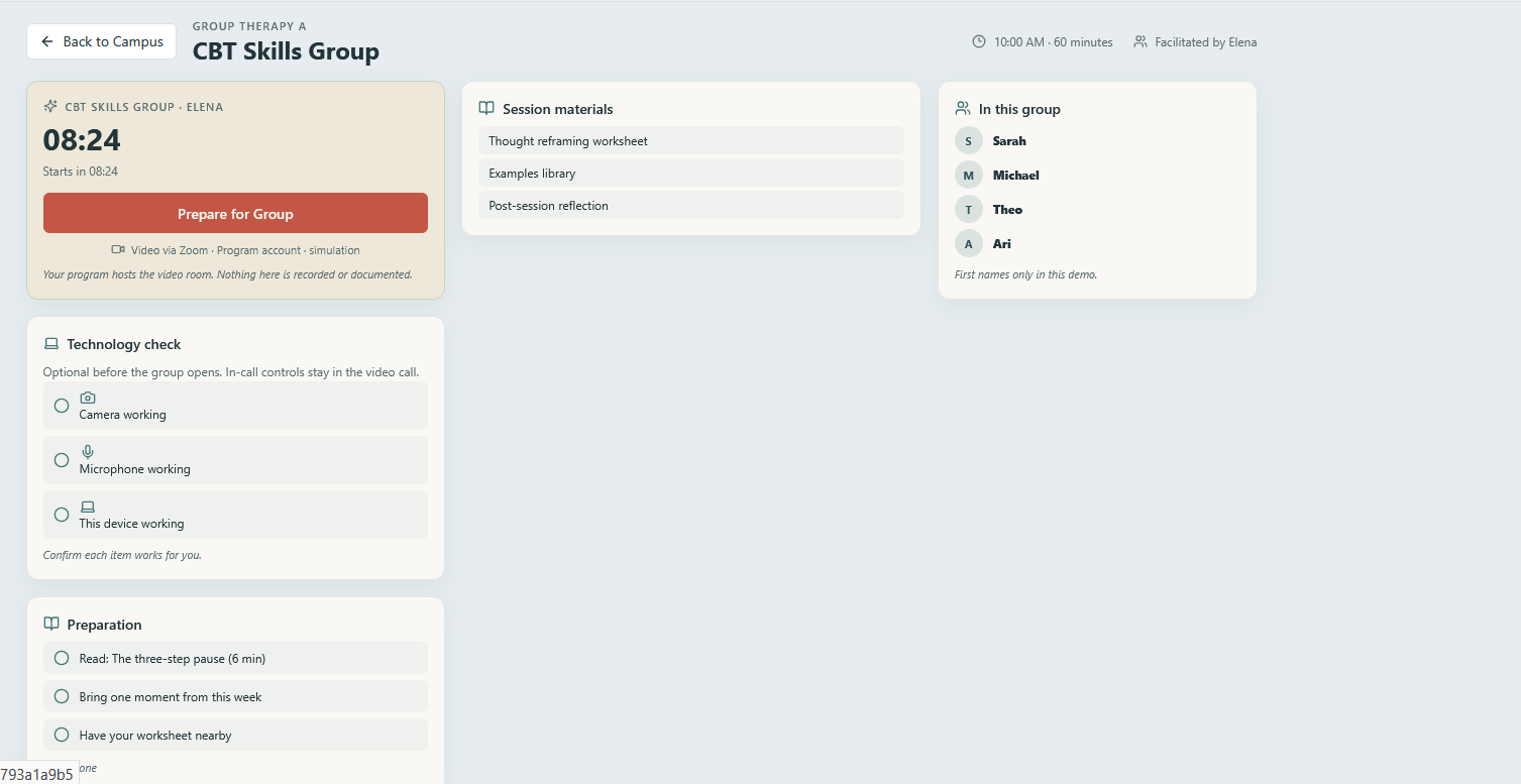 Original inside-room screenshot of the CBT Skills Group: countdown, Prepare for Group button, technology check, preparation list, session materials including post-session reflection, and group roster