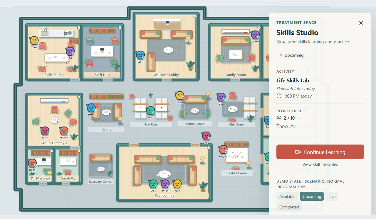 Original Skills Studio room-entry screenshot: Life Skills Lab at 1:00 PM, Theo and Ari present, Continue Learning and View skill modules actions