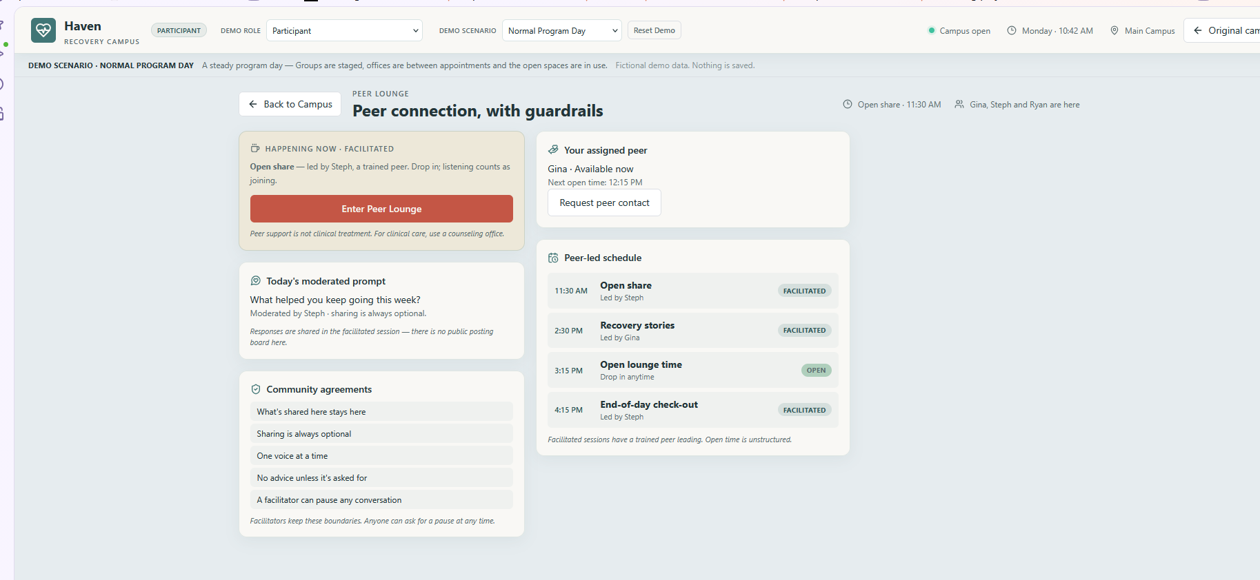 Original Peer Lounge dashboard screenshot: Peer connection with guardrails, Open Share, assigned peer Gina, peer-led schedule with Open Lounge Time, moderated prompt and community agreements