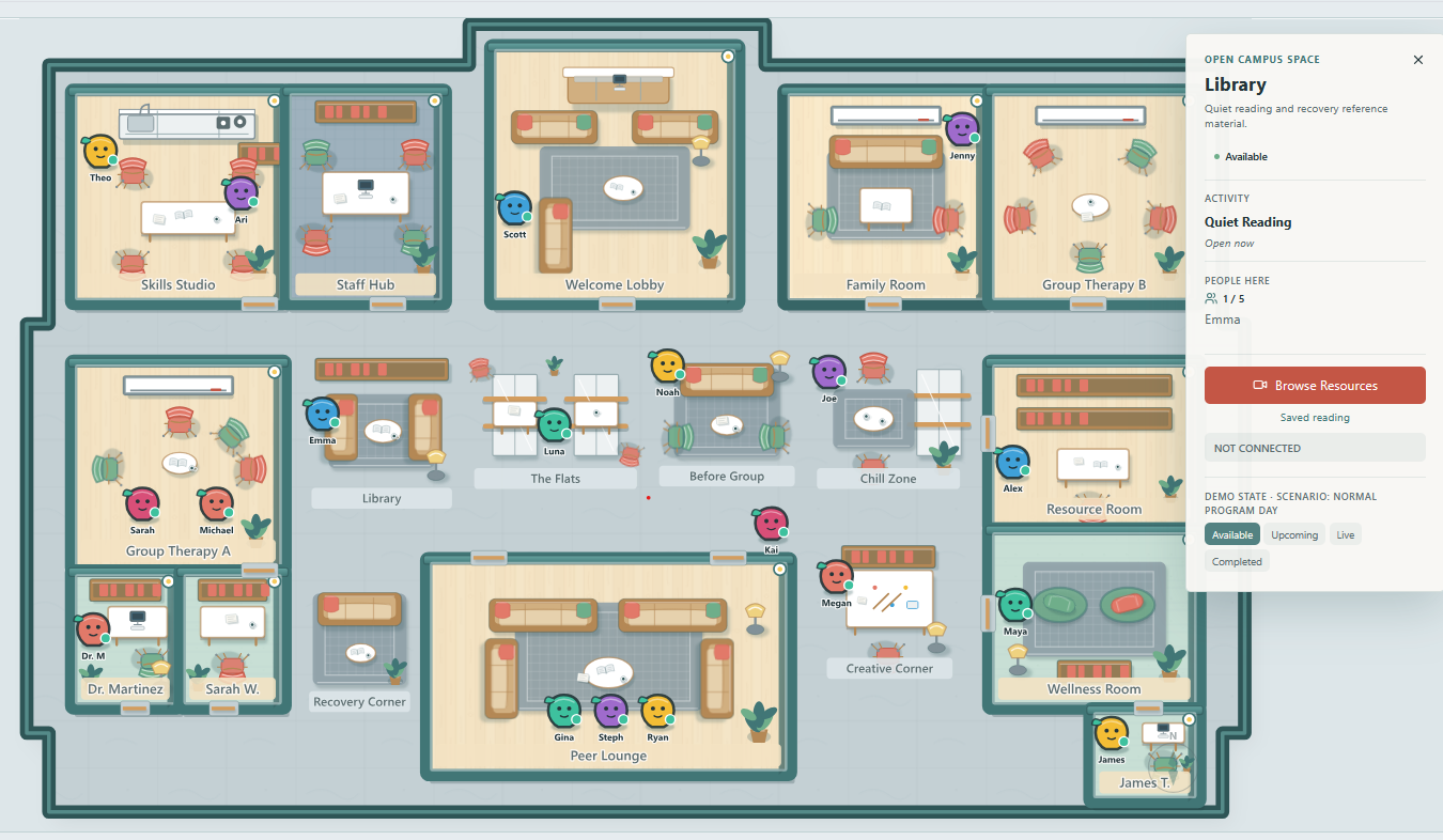 Original Recovery Campus map screenshot with the Library room-entry sidebar: quiet self-directed reading, people present, Enter Library and See who is here actions