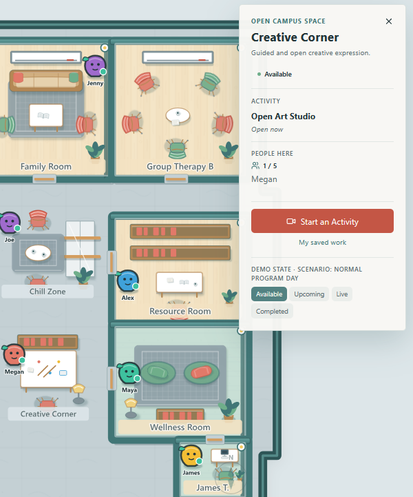Original Campus map with Creative Corner selected: guided and open creative expression, an Open Art Studio activity open now, people present, Start an Activity and My saved work actions