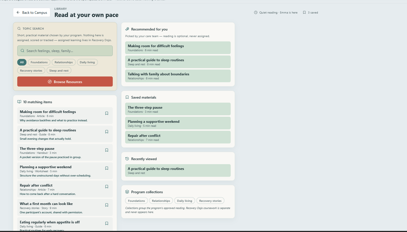 Original Library dashboard screenshot: topic search, program-curated collections, saved materials and recently viewed reading