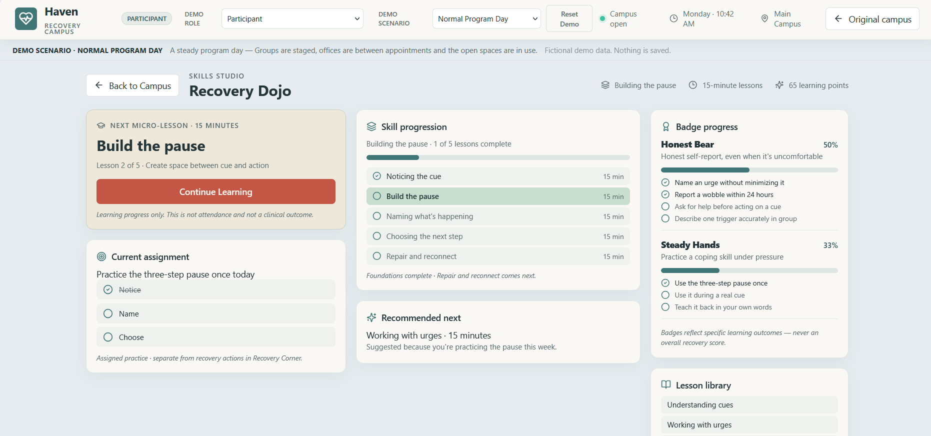 Original optional advanced Recovery Dojo dashboard showing Build the pause, a 15-minute micro-lesson, Notice / Name / Choose, skill progression, 65 learning points and badge progress