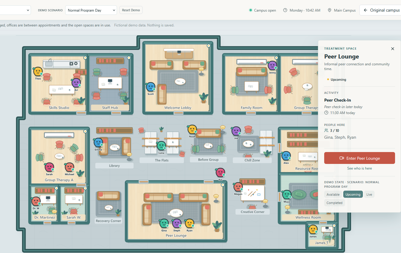 Original Recovery Campus map screenshot with the Peer Lounge room-entry sidebar: Gina, Steph and Ryan present, next Peer Check-In, Enter Peer Lounge and See who is here actions