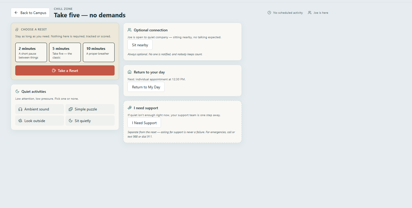 Original Chill Zone dashboard screenshot: optional two-, five- and ten-minute resets, ambient sound and quiet low-pressure activities with nothing tracked or scored