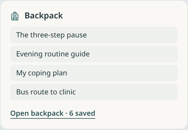 Backpack card with saved coping tools, guides, and practical resources