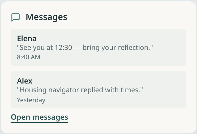 Messages card with recent treatment team conversations