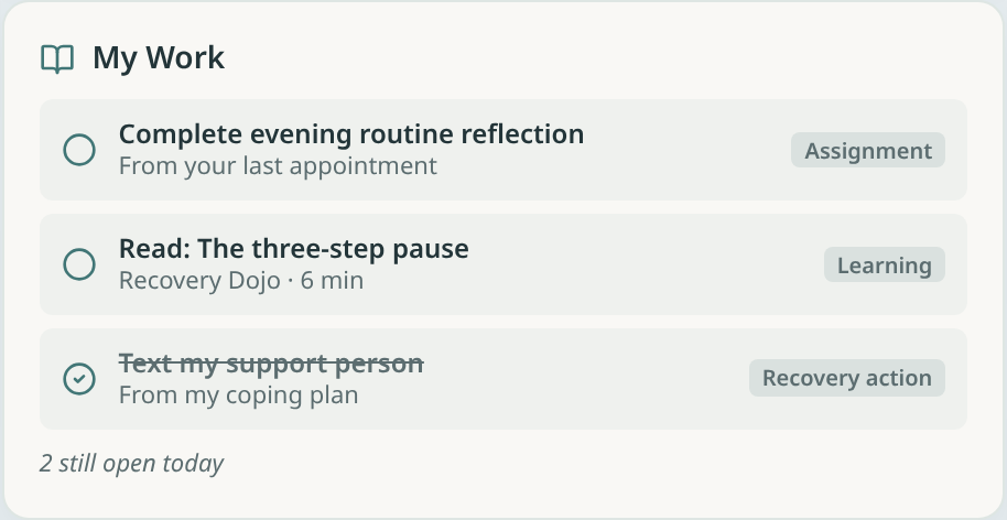 My Work list with an assignment, a learning lesson, and a recovery action