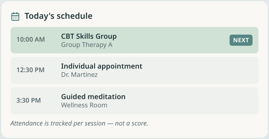 My Day schedule showing CBT Skills Group, an individual appointment, and guided meditation with a next-session indicator
