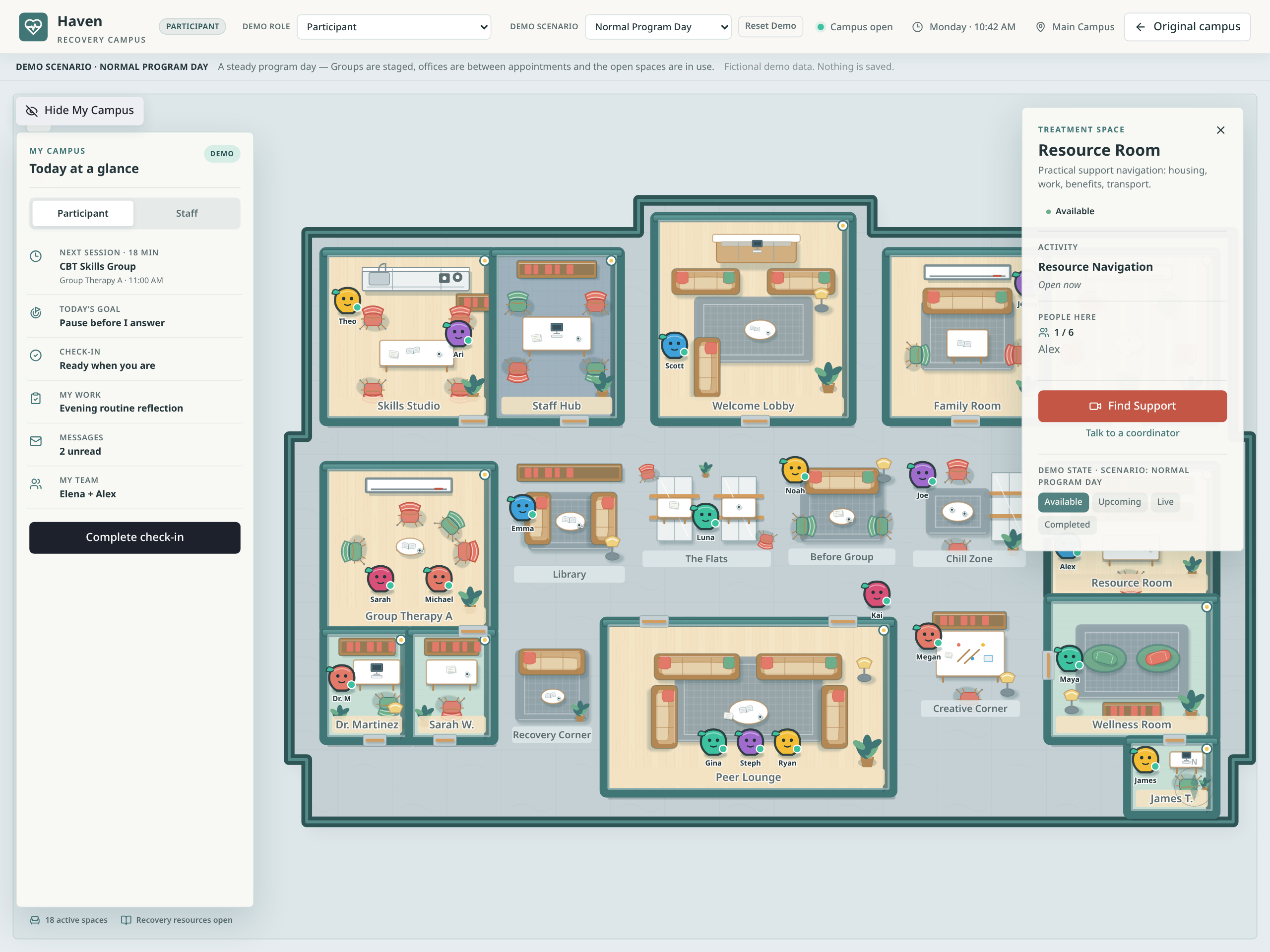 The Recovery Campus map with the Resource Room visible among the other rooms of the virtual facility