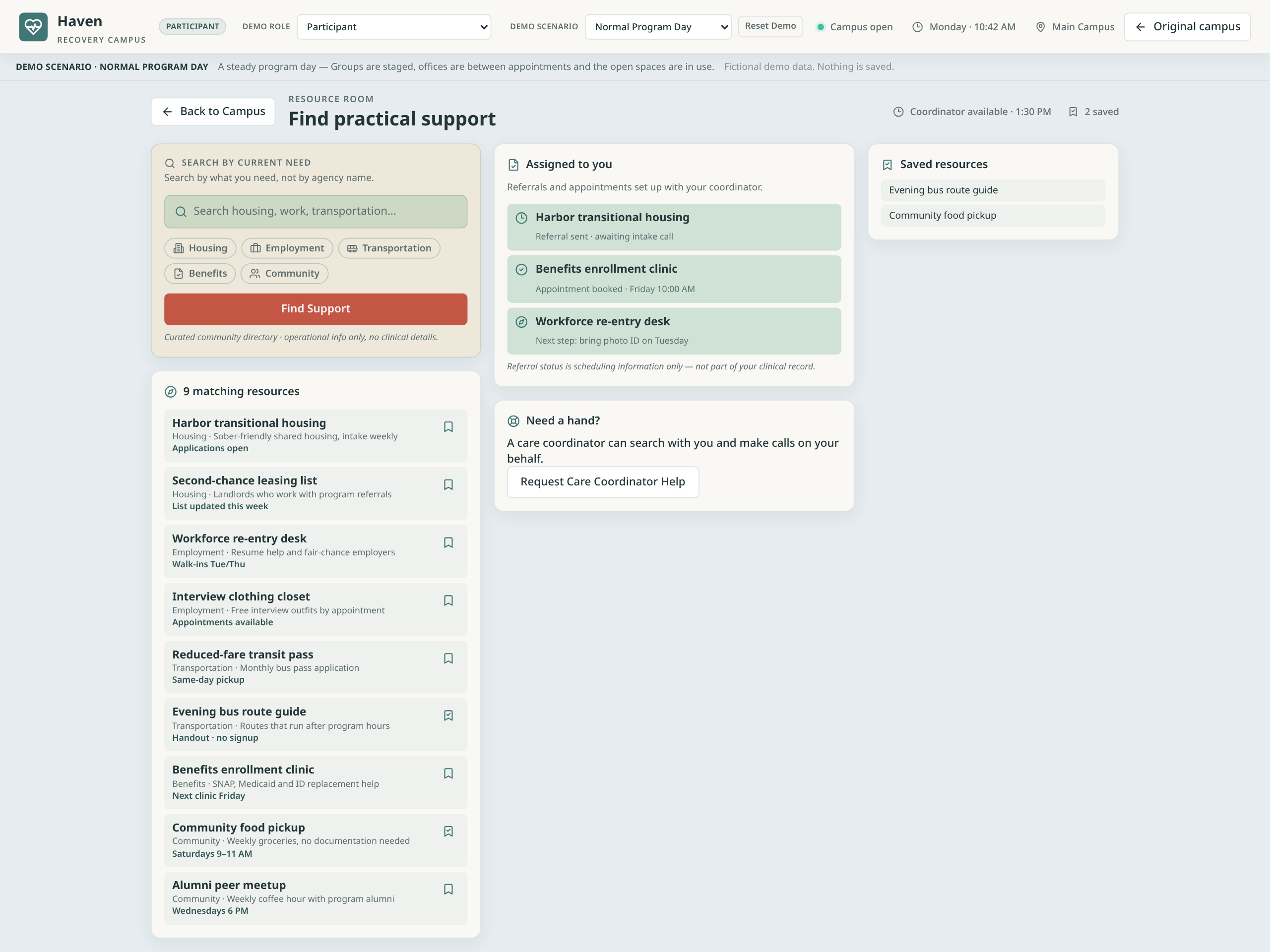 The participant-facing Resource Room dashboard in Recovery Campus, showing search by need, topic categories, matching resources, and saved items