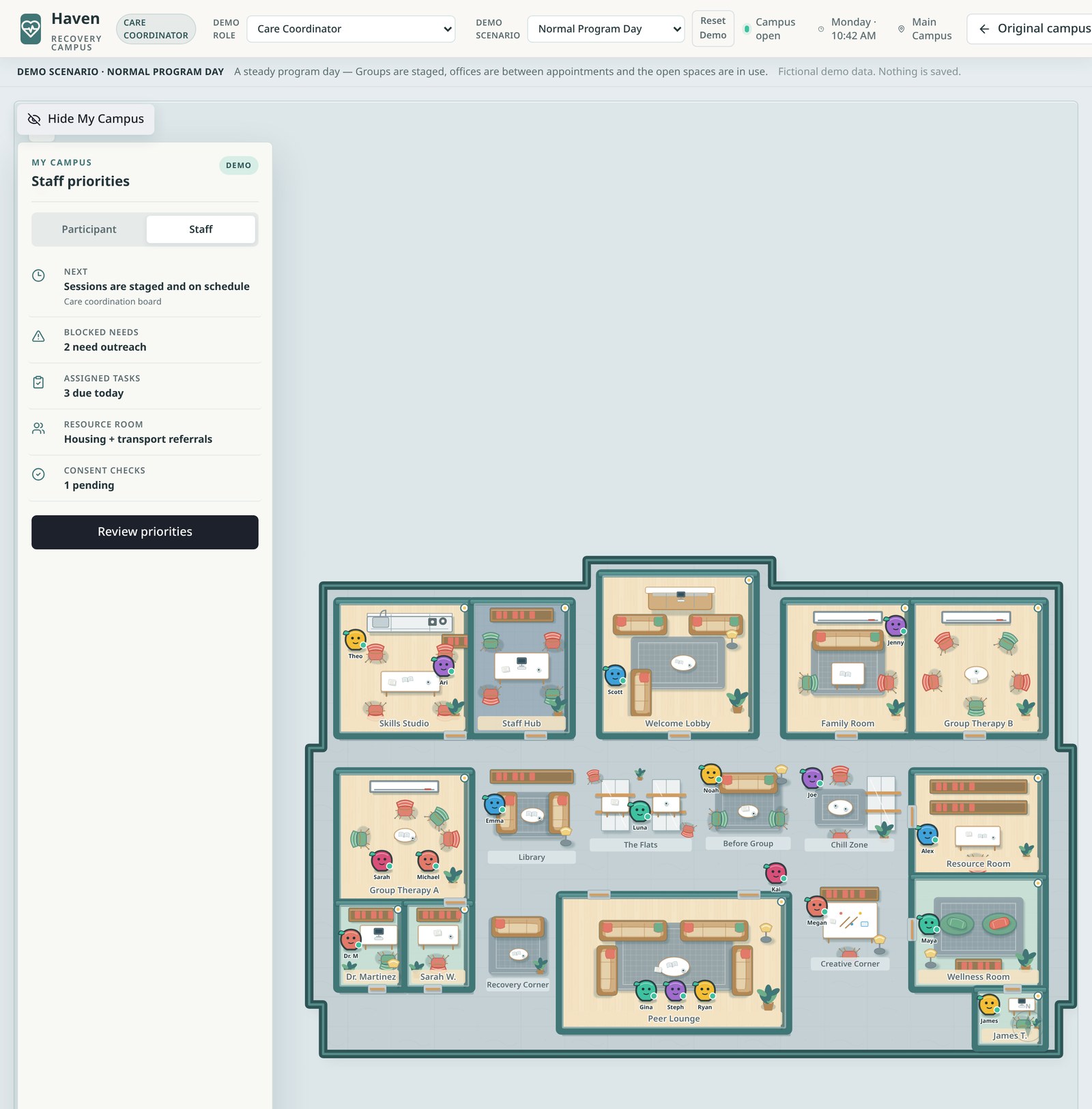 Overhead Recovery Campus map with the Staff priorities rail: next action, blocked needs, assigned tasks, Resource Room referrals, and consent checks
