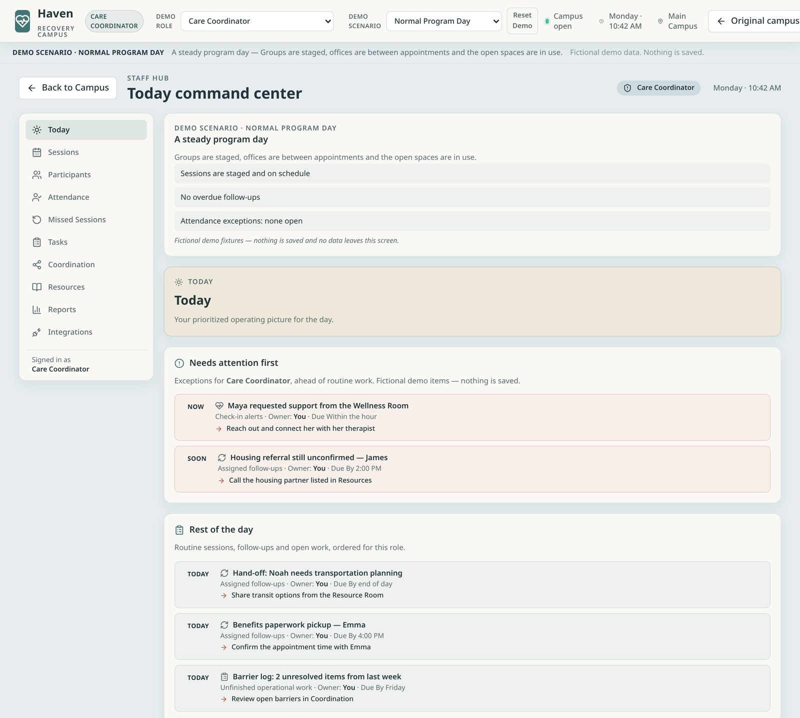 Staff Hub Today view for the Care Coordinator with support requests, referral follow-ups, and barrier log