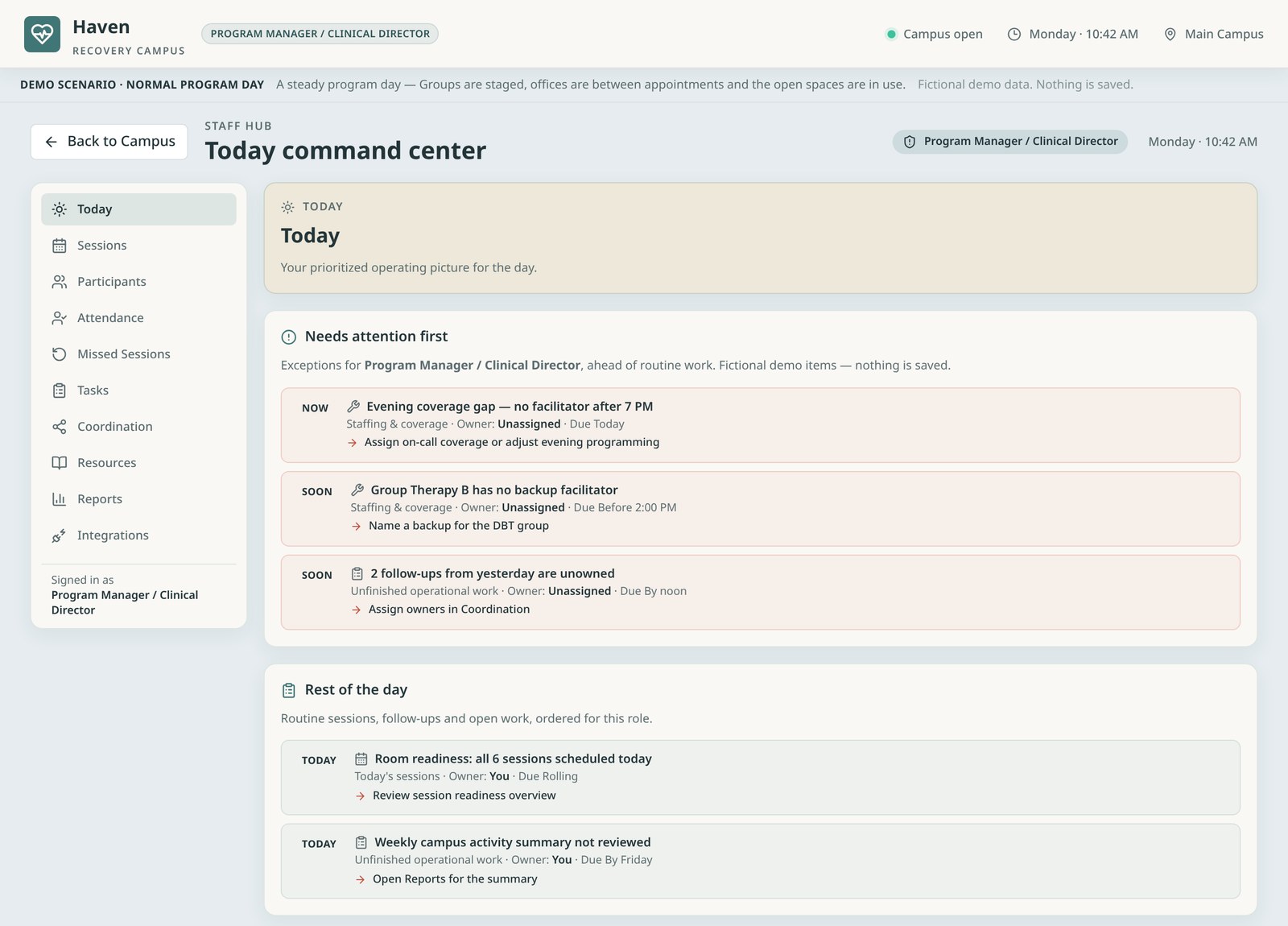 The Recovery Campus Staff Hub Today command center, showing exceptions that need attention first and the rest of the day for the Program Manager / Clinical Director