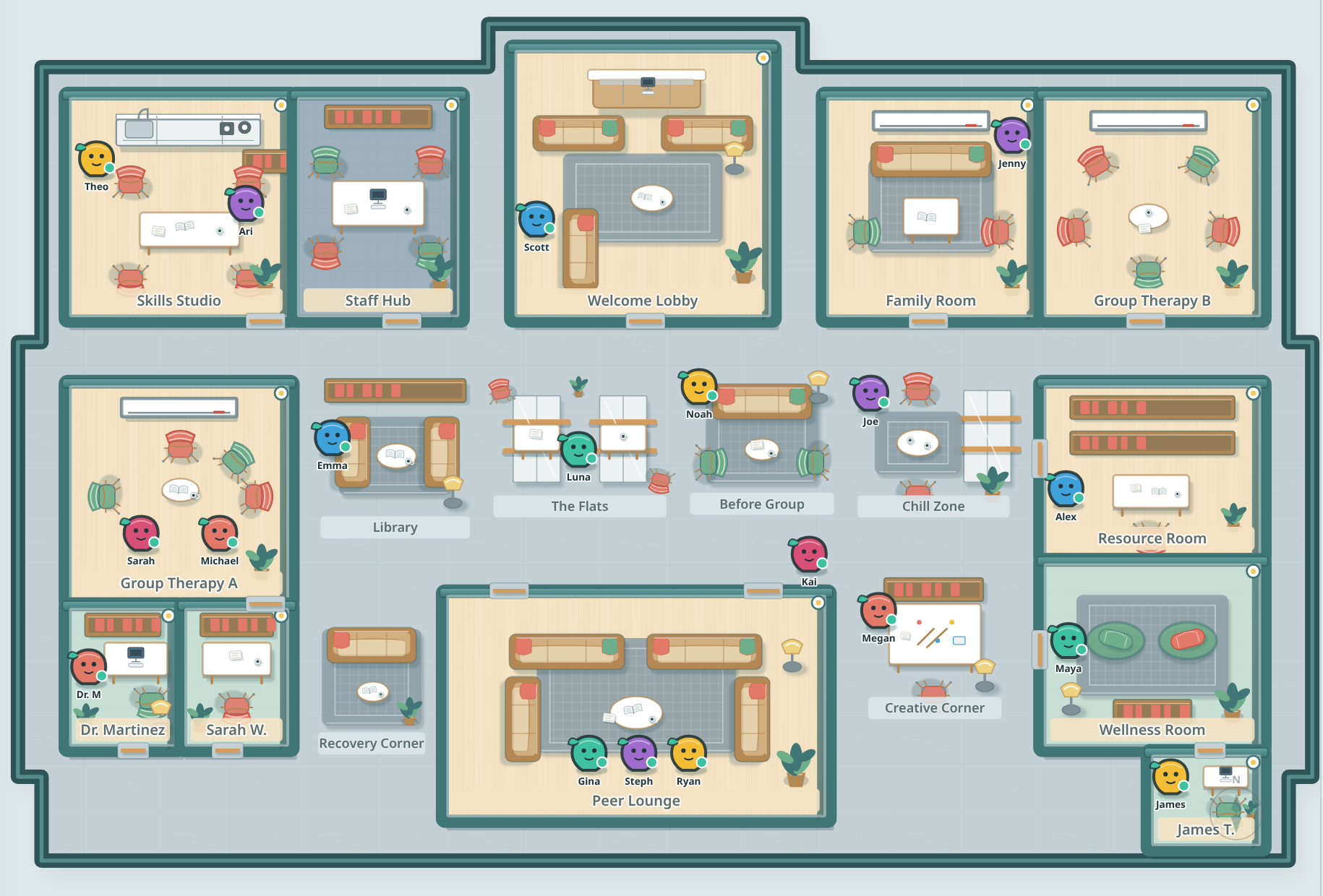 The full Recovery Campus demo facility map showing the rooms and shared spaces participants move between, including The Flats where My Day lives